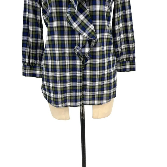 Tory Burch Tartan‎ Plaid Ruffle Collared Button Up Shirt Blue Green Size 4 - Picture 6 of 12